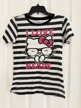 Vintage Hello Kitty I Love Nerds Glasses Stripe Tee Size Medium Cotton Preowned